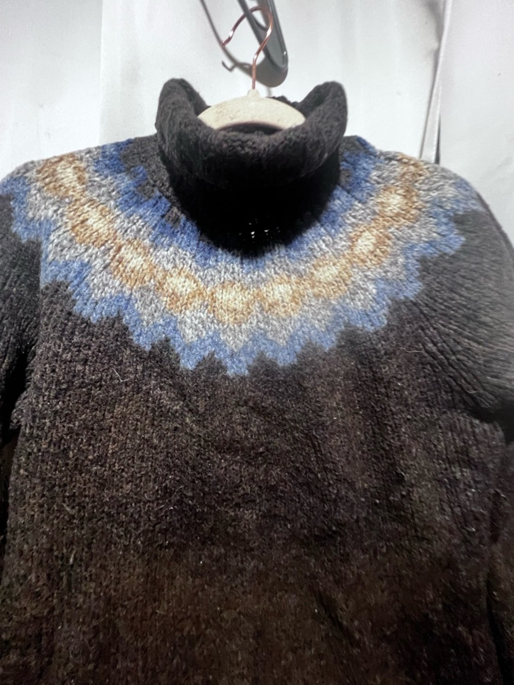 Garnet Hill Merino Wool Turtleneck Sweater Nordic Fair Isle Black Blue Womens M - Picture 2 of 5
